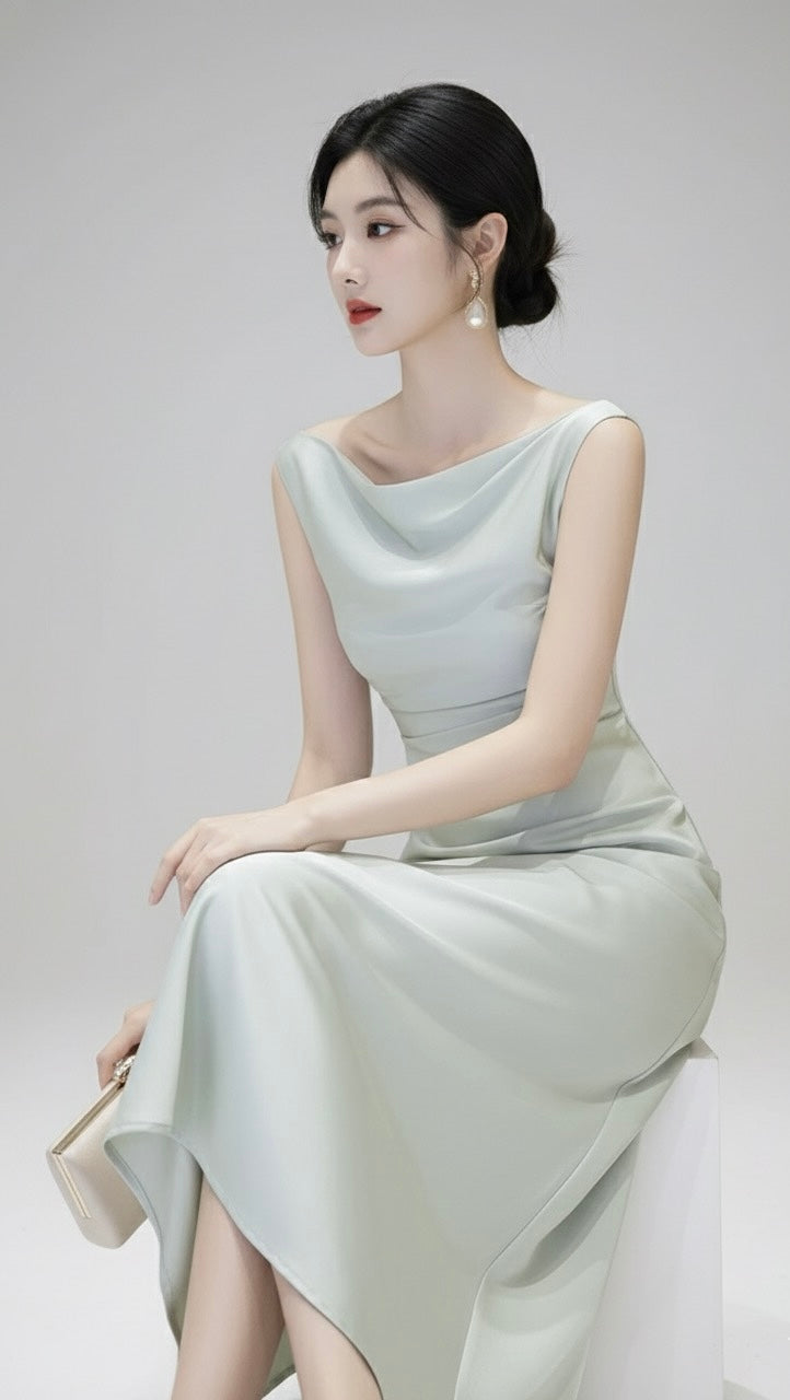 サテンワンショルダーAラインドレス