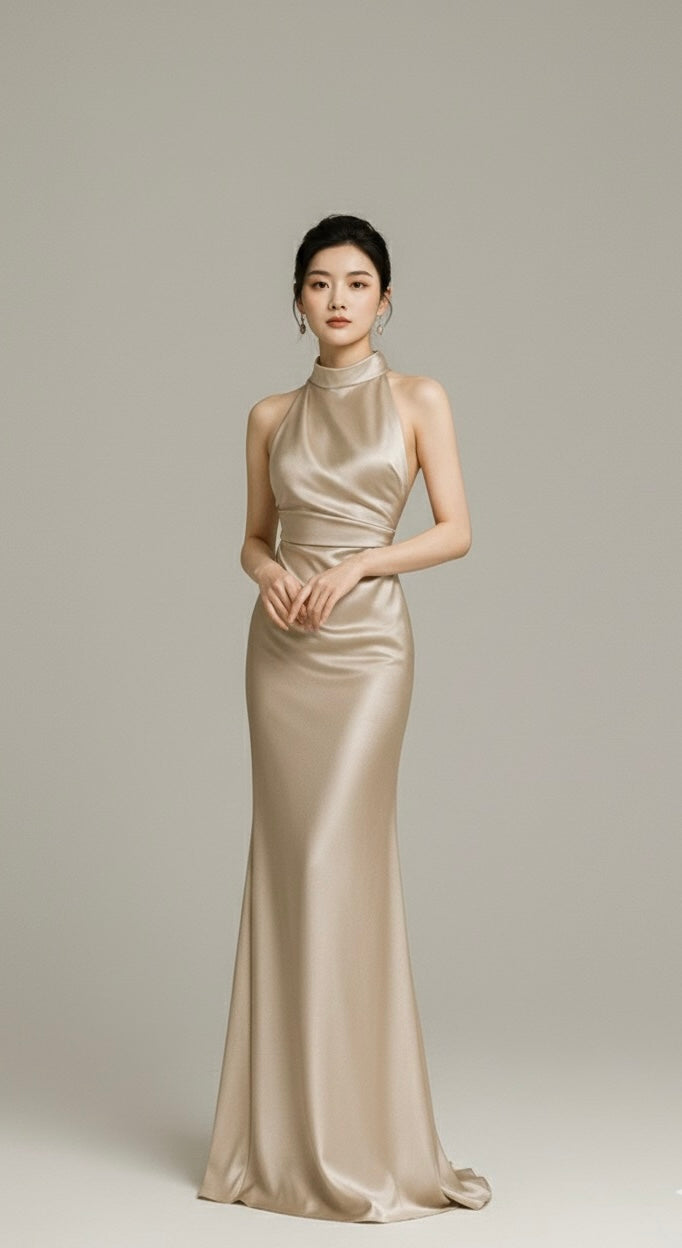シャンパンホルターネックイブニングマーメイドドレス