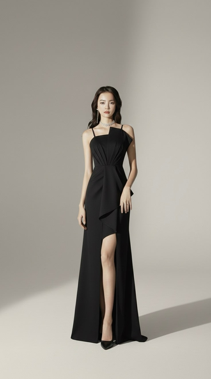 アシンメトリードレープ　キャミロングドレス