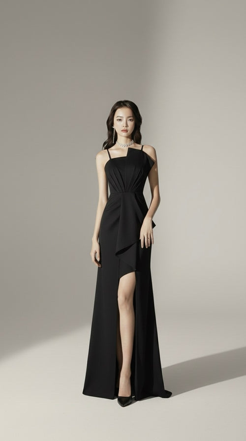 アシンメトリードレープ　キャミロングドレス