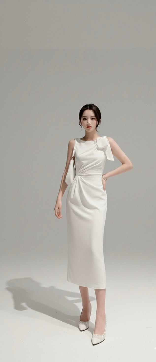 ショルダーフレア・ミディサテンドレス