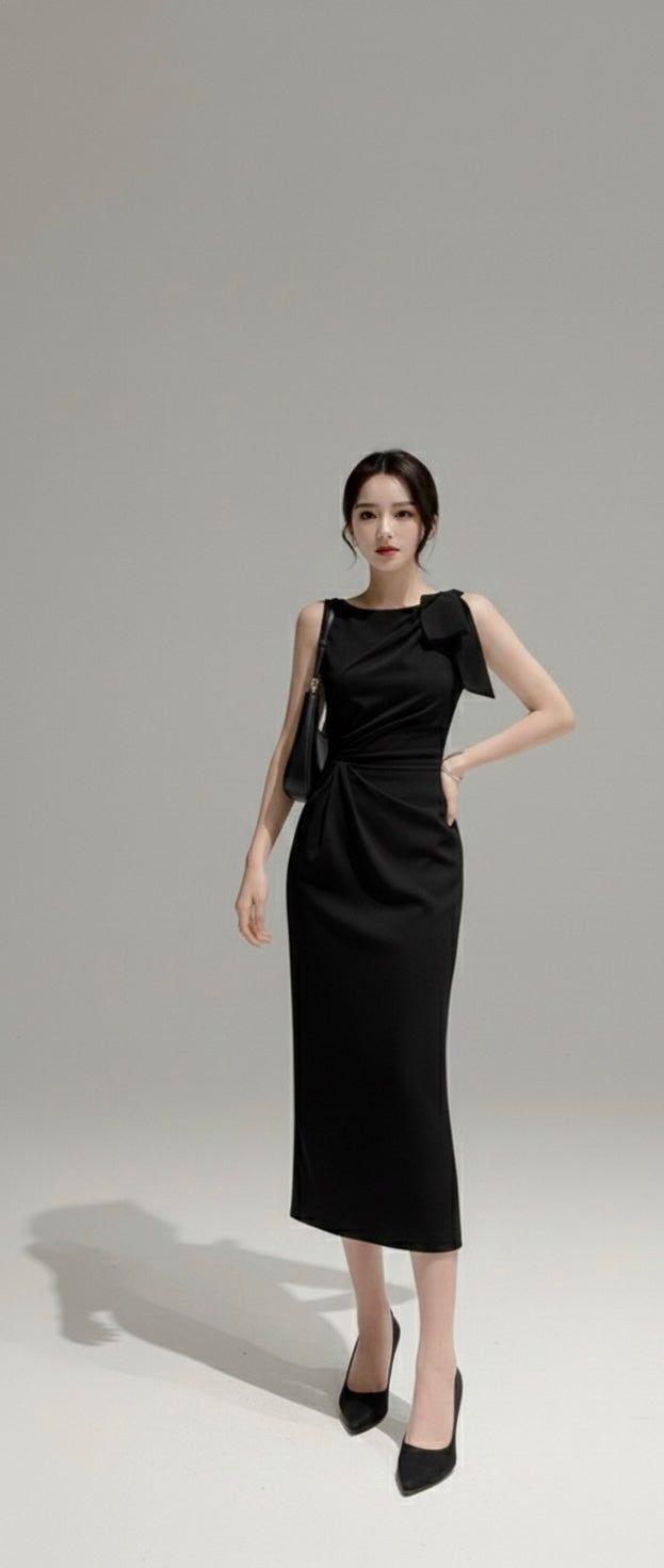 ショルダーフレア・ミディサテンドレス