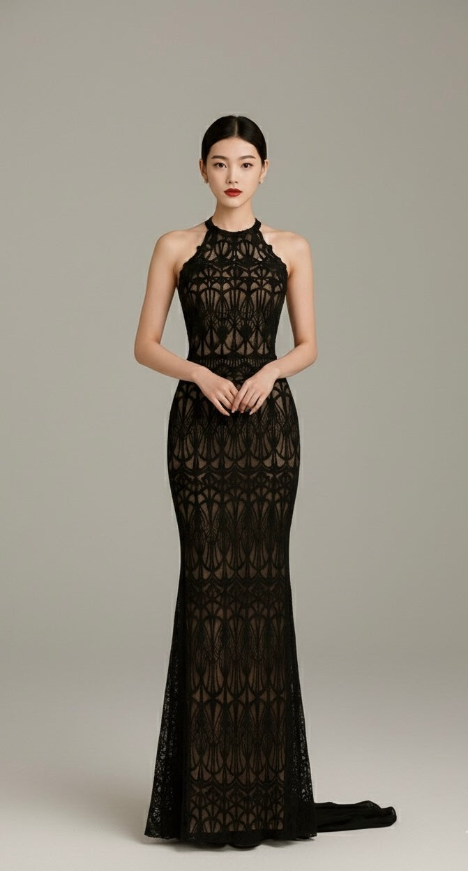 ブラックホールネックイブニングドレス