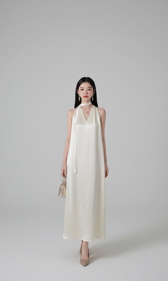 リュクス サテン ホルターネック マキシドレス