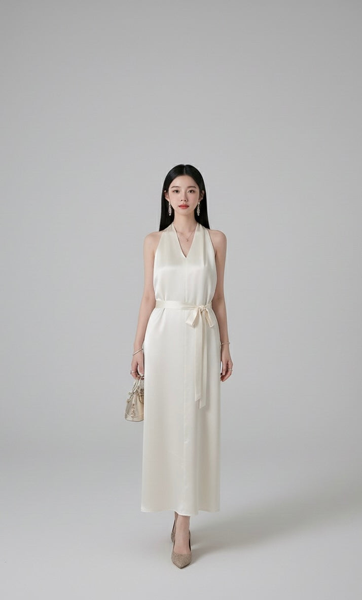 リュクス サテン ホルターネック マキシドレス