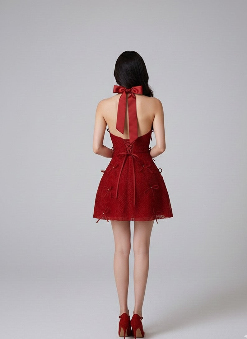 アシメトリーリボン・ノースリーブフレアドレス