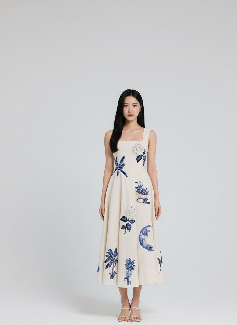 エレガント・ボタニカルVネック シアーラップドレス