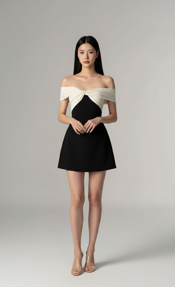 バイカラー・オフショルダー ミニフレアドレス