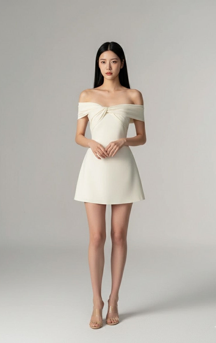 バイカラー・オフショルダー ミニフレアドレス