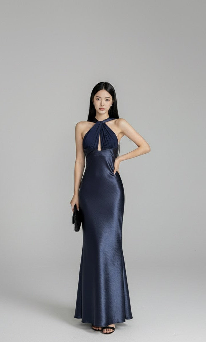 グロッシーサテン・クロスホルター マーメイドドレス