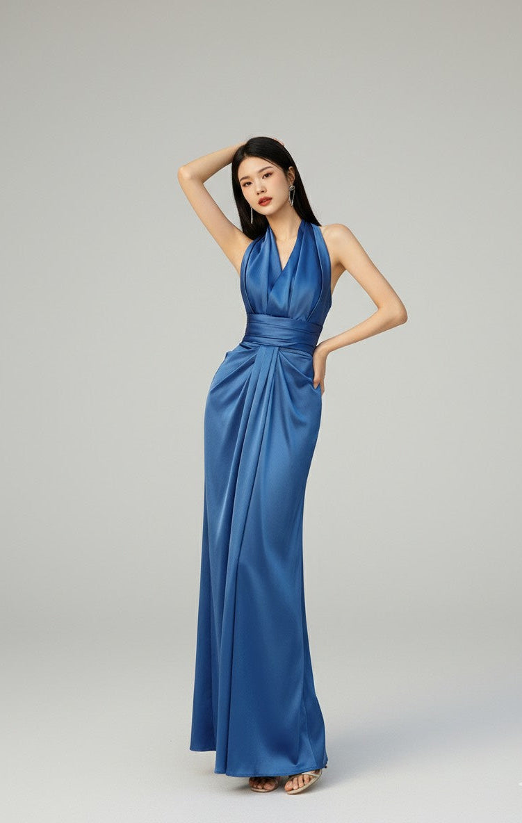 ロイヤルサテン・ホルターネック ドレープマキシドレス