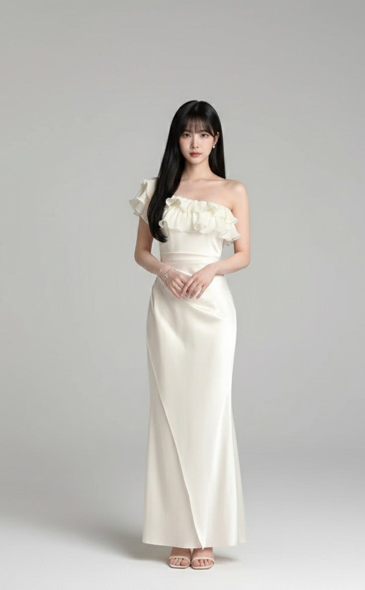 ラッフルエッジ・ワンショルダー スリットドレス