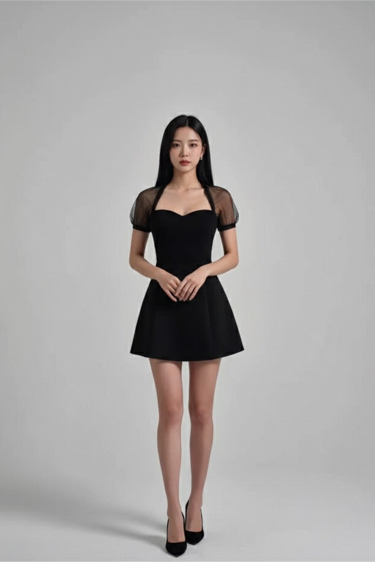 シアーオーガンジー・パフスリーブ フレアドレス