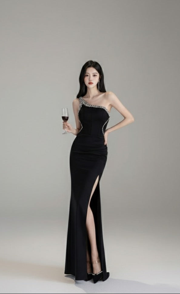 ビジューライン・ワンショルダー スリットドレス